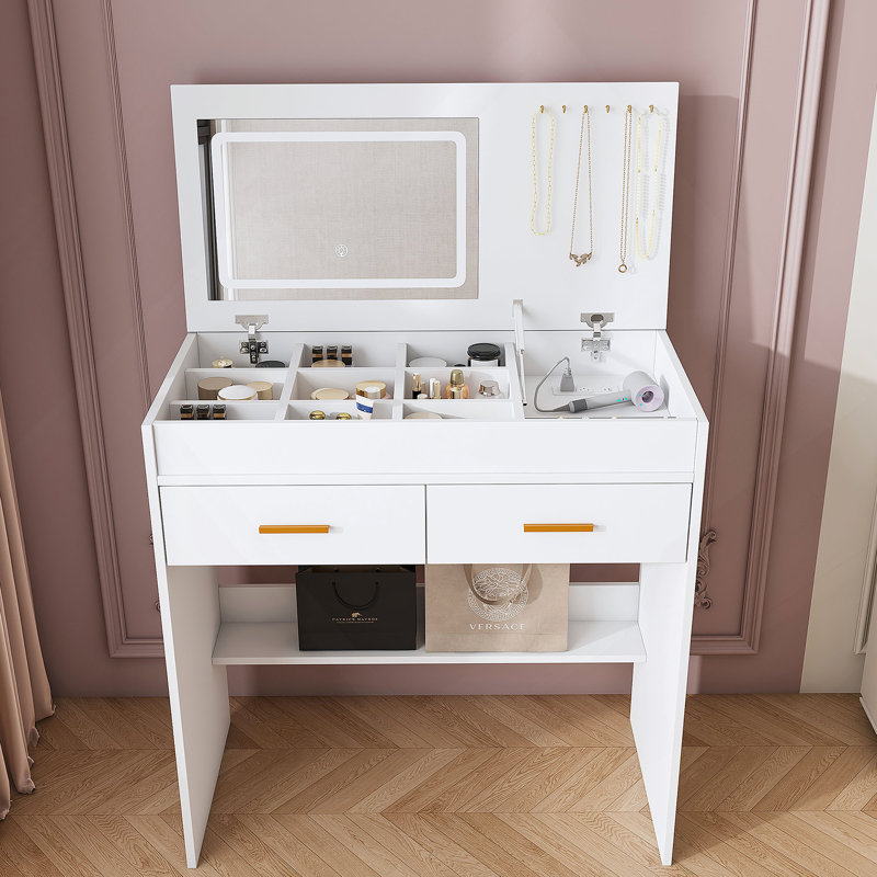Flip Top Vanity Desk With LED Lighted Mirror & Built-In Outlet - Makeup Vanity Table With 2 Drawers, Open Storage, Hooks For Jewelry (No Stool Included, White)