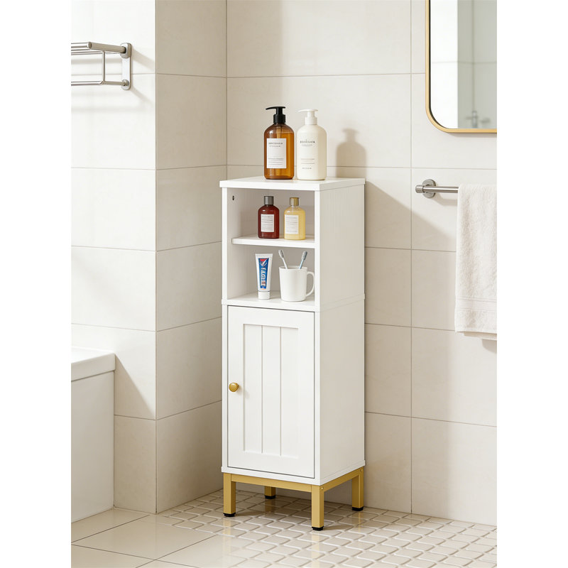 Corner Bathroom Cabinet With Custom Door Direction And Adjustable Shelves, White/Gold