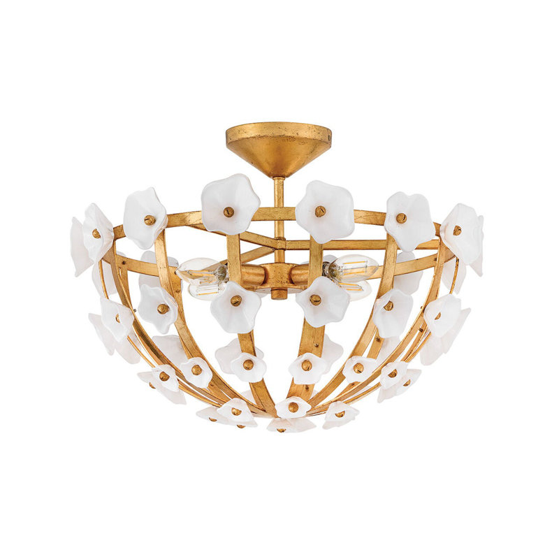 Distressed Brass and White Glass Floral LED Semi-Flush Mount
