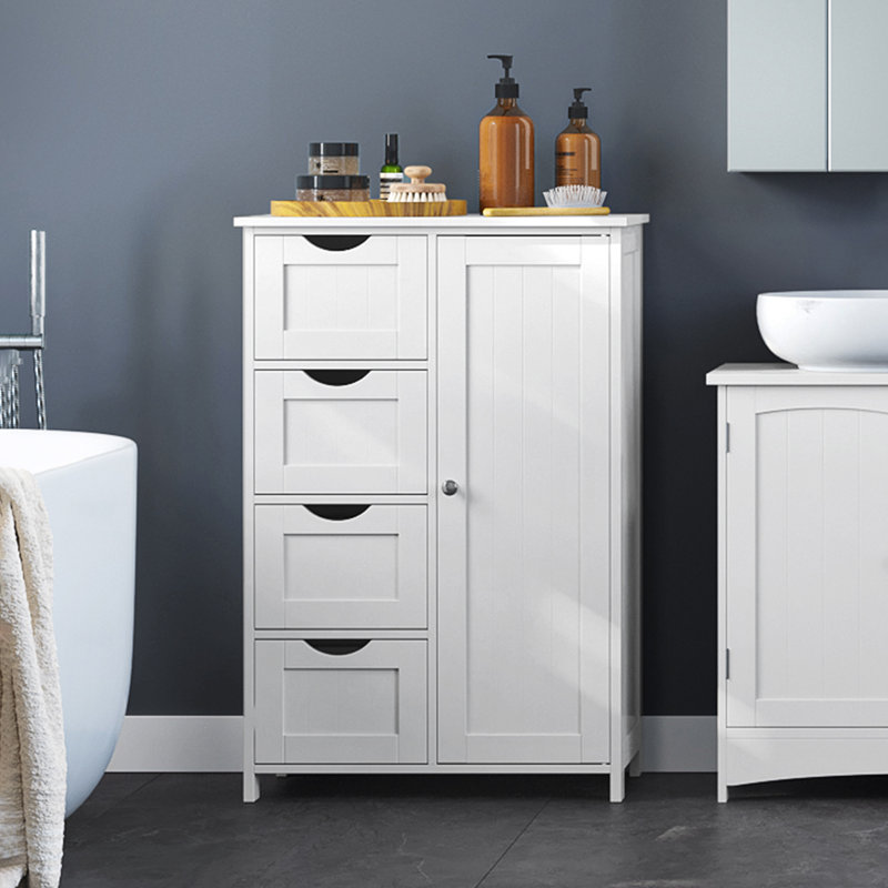 Manhattan Floor Storage Cabinet, Cabinet Freestanding, with 4 Drawers, Adjustable Shelf, 32.3" H x 21.6" W x 11.2" D, White
