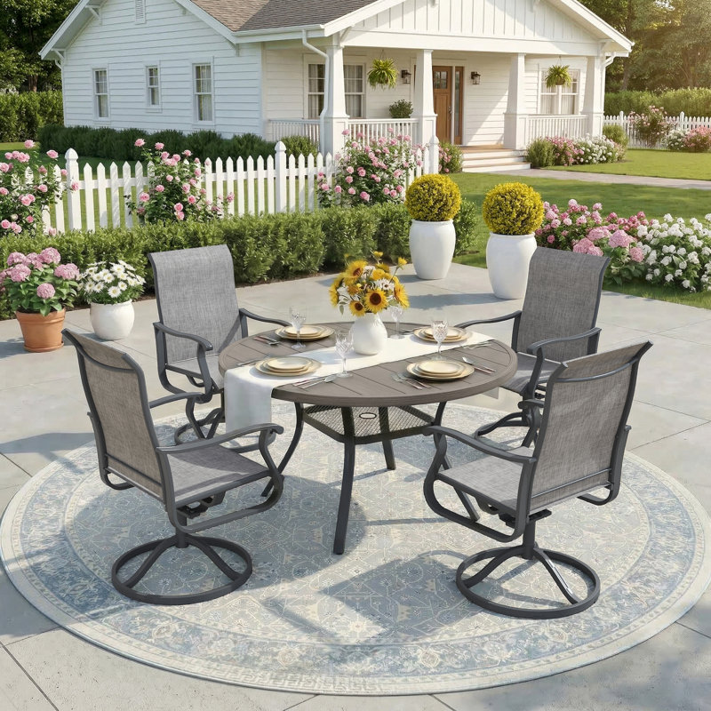 4-Person Round Patio Dining Set With 360° Swivel PVC-Coated Polyester Chairs, Brush Wood Gray/Gray