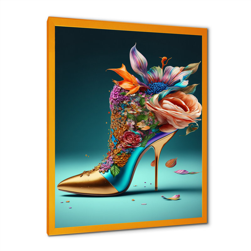 «Blue Floral Hight Heels IV», impression sur toile, Impression dorée sur toile encadrée, H 32 po x l 16 po x P 1 po