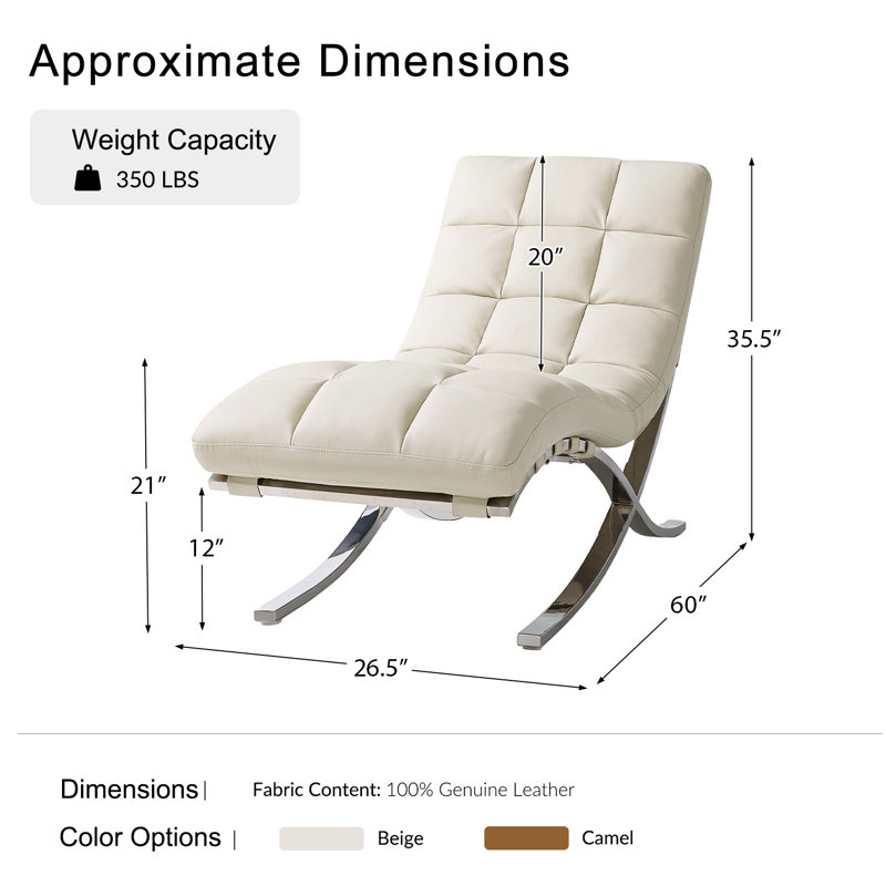 Estevan Classic Midcentury Modern Genuine Leather Chaise Lounge Chair with Channel Tufted, Beige