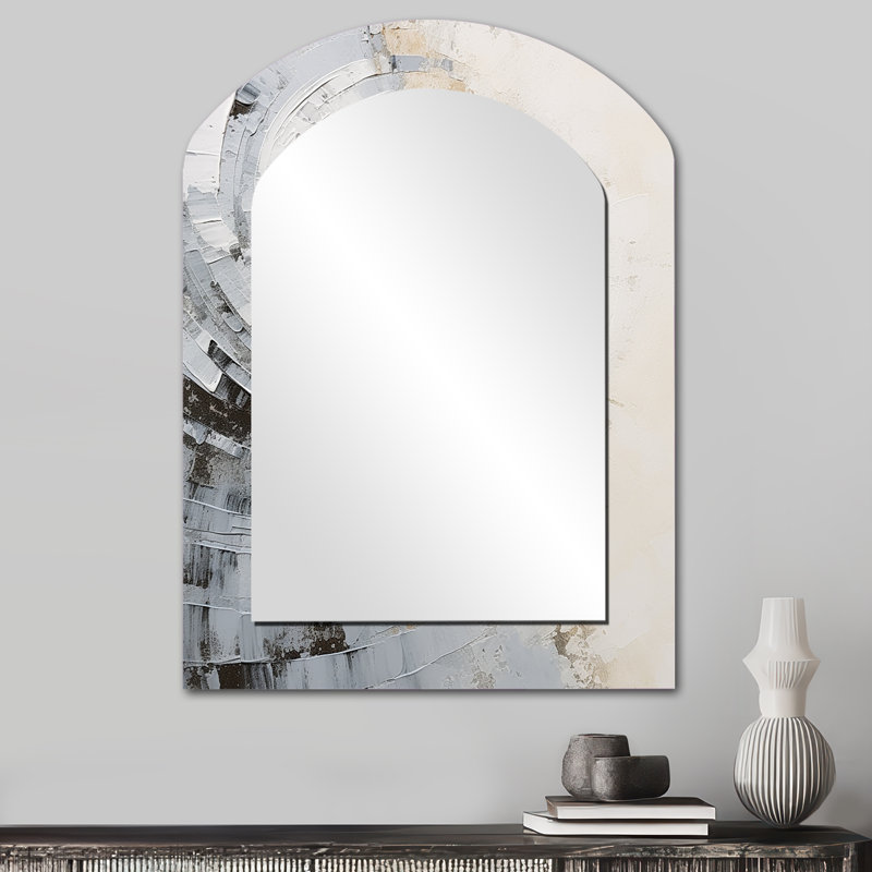 Blanc et gris Majestic Motion - Miroir décoratif en arc abstrait sur métal, 34 po x 25 po