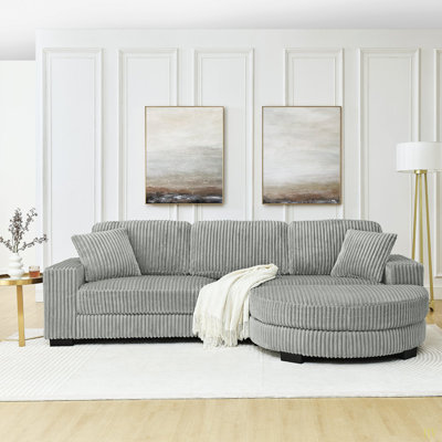 Corduroy Tufted Upholstered Sleeper Sectional Sofa, L-Shaped Modular Convertible Sofa , The Arc-Shaped Footstool Can Be Placed Freely On The Left And Right