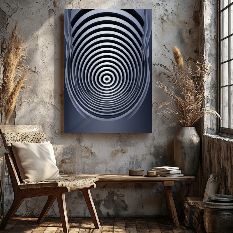 Reproduction d'art sur toile créant une illusion optique à contraste élevé mettant en vedette une série de spirales concentriques murales qui attirent l'attention du spectateur sur toile