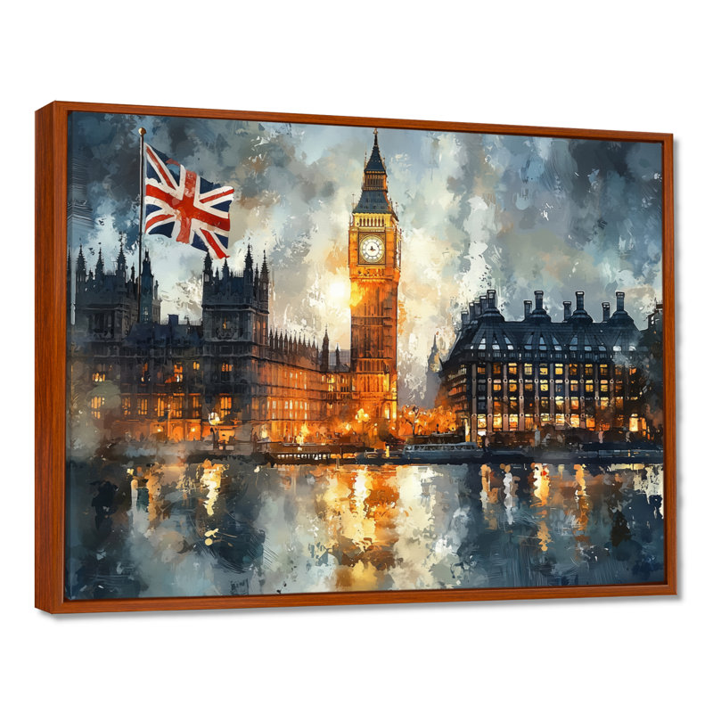 London Big Ben Landscape Glow II - London, art mural, H 34 po x l 44 po, Impression encadrée flottante, Brun
