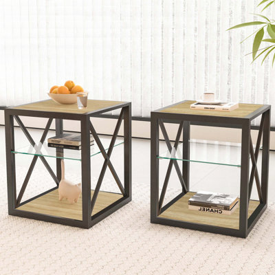 Ensemble de 2 tables de bout modernes - Verre trempé et bois aggloméré - industriel