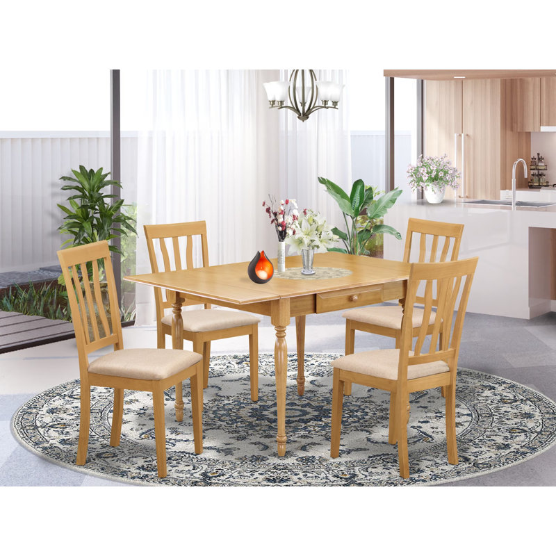 5 Piece Dinette Set for 4 Includes a Rectangle Dining Table with Dropleaf and 4 Linen Fabric Dining Room Chairs, 36x54 Inch, Oak