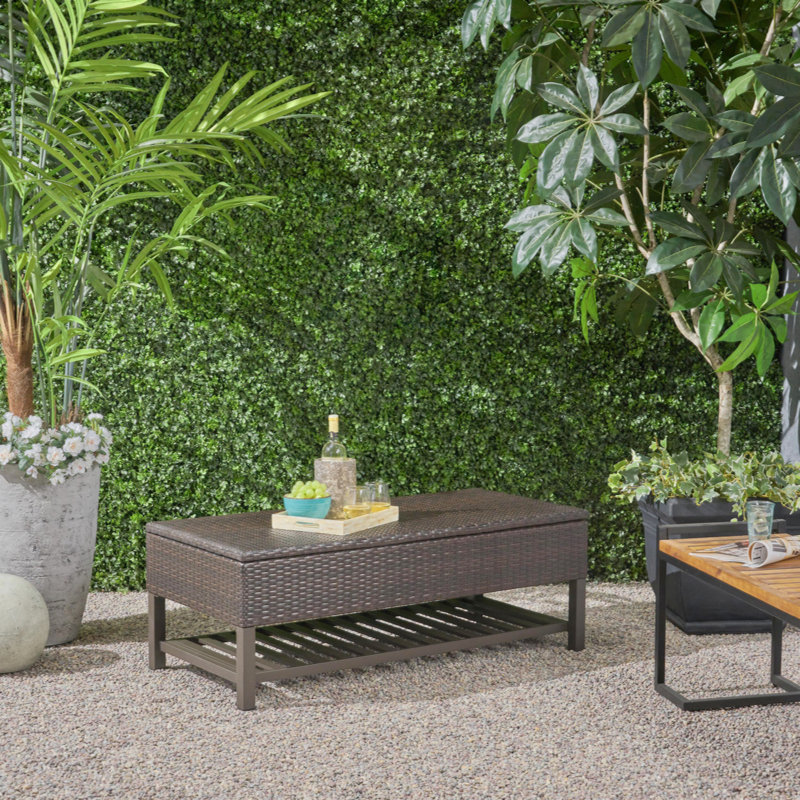 Banc de rangement polyvalent en osier avec support en métal et deux compartiments de rangement