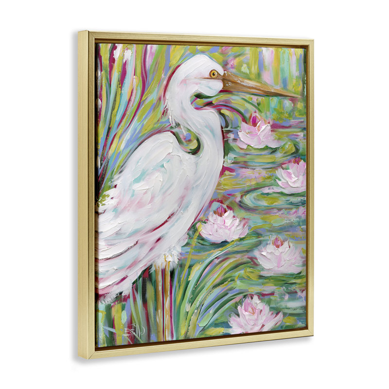  Grande aigrette blanche et art mural sur toile de lotus par Estelle Grengs, H 21 po x l 17 po