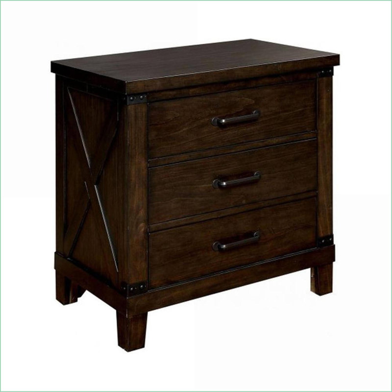 Rustic Dark Walnut Solid Wood 3-Drawer Nightstand with Black Bar Pulls