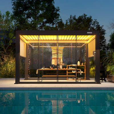 Flexpatio 13 Ft. W X 10 Ft. D Power+ Pro Motorized Outdoor Louvered Pergola W/ 2-Side Shades & 2-Side Sliding Glass Doors