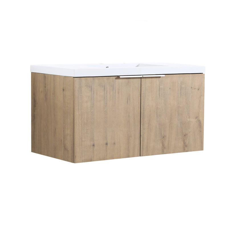 Meuble-lavabo de salle de bain contemporain de 36 po, 2 portes à fermeture douce, chêne imitation, fixation murale, armoire flottante 36 po avec évier, panier