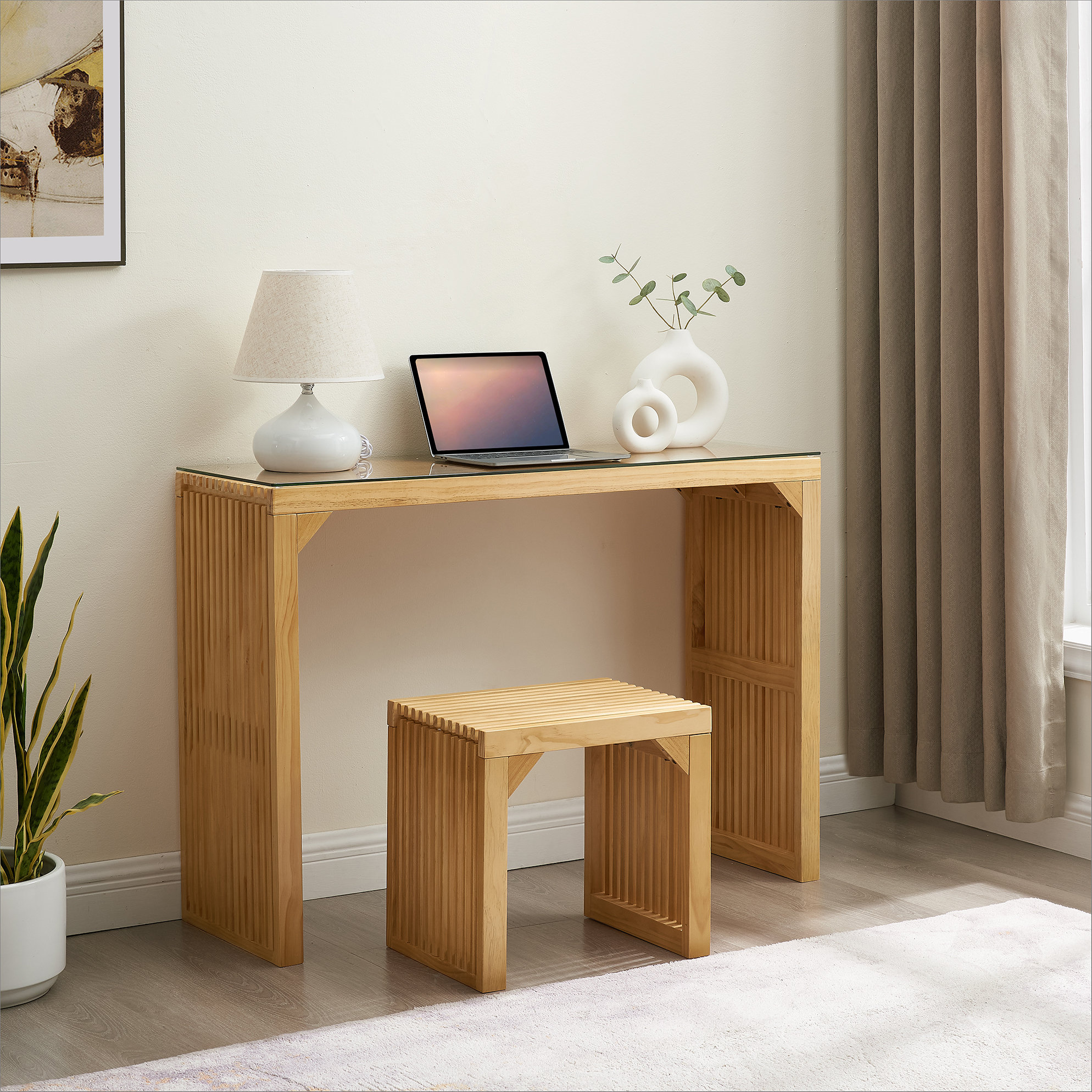 Latitude Run® Natural Pine Dining Bench and Table Set – Versatile Indoor Wood Furniture for Entryway, Living Room, Kitchen, and Bedroom – Includes Small Tempered Glass Top | Wayfair