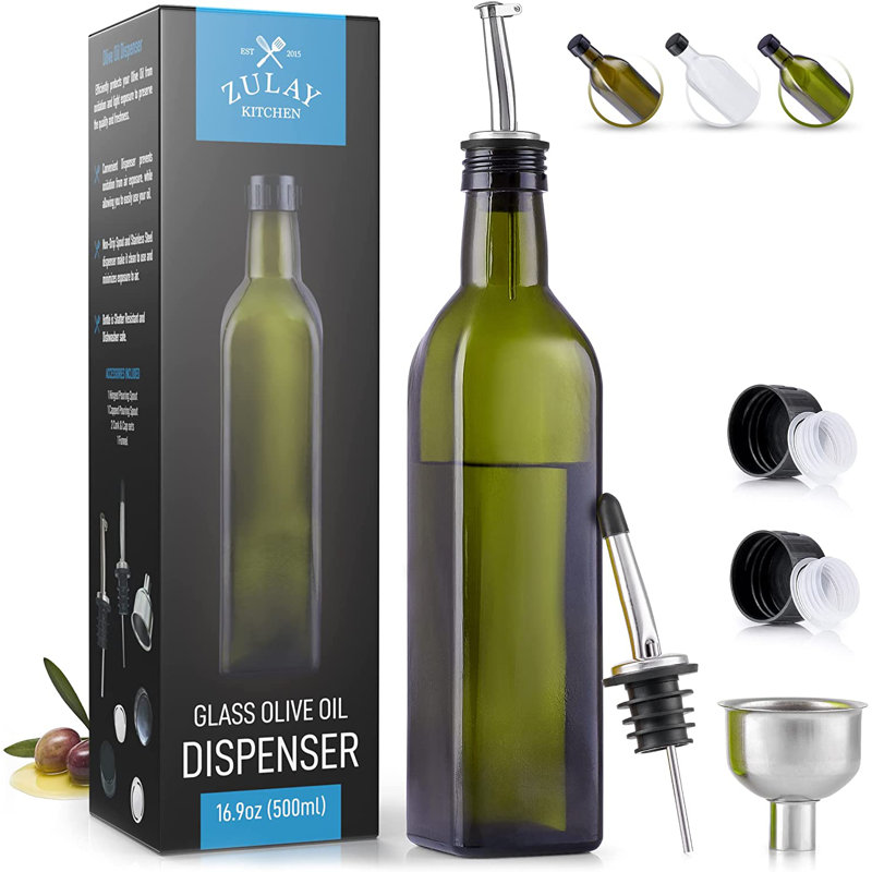 Green Glass Olive Oil Dispenser with Pour Spout, 17 oz