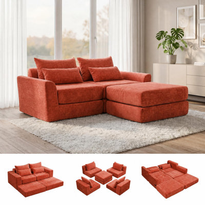 Canapé modulaire surdimensionné en chenille à compression, canapé modulaire convertible multi-blocs avec repose-pieds gratuit, canapé-lit amovible, options de couleur ivoire et orange pour les petites maisons et les salons
