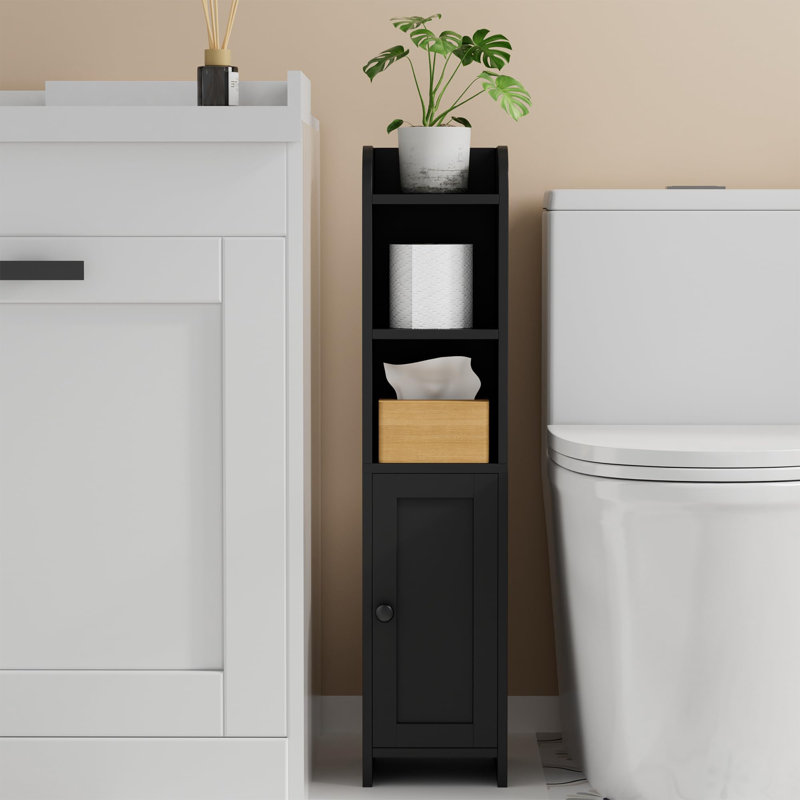 7.9" D x 7" W x 31" H Freestanding Narrow Bathroom Corner Storage Cabinet, Single Door with Shelves, Slim Toilet Paper Stand for Small Toilet Spaces