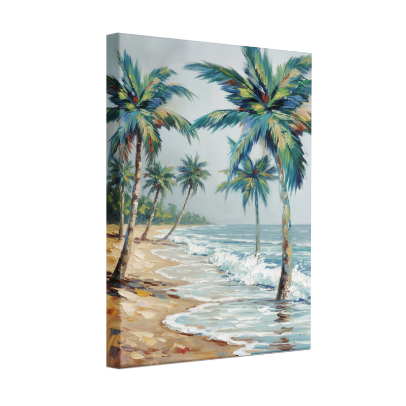 Plantes et fleurs, plage tropicale avec palmiers et vagues de l'océan, H 30 po x l 20 po, Toile tendue, Ne s’applique pas