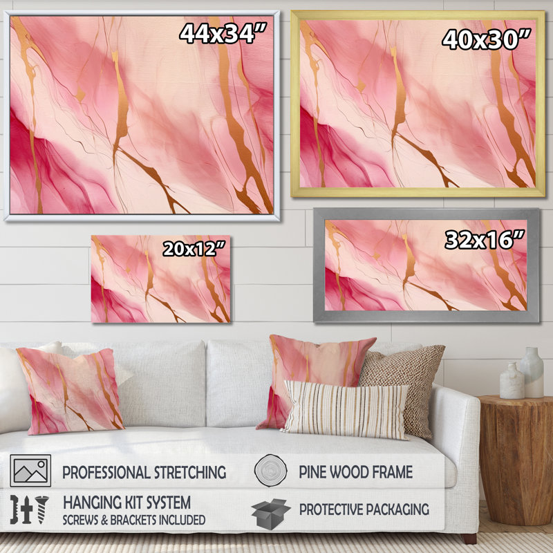 «Rose and Gold Enchanted Spills II», impressions murales abstraites, Cadre flottant doré, H 24 po x l 32 po x P 1 po