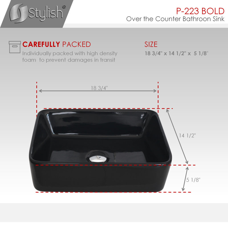 STYLISH Opulence Bold 18-3/4"L Rectangular Vessel Sink, Bright Black