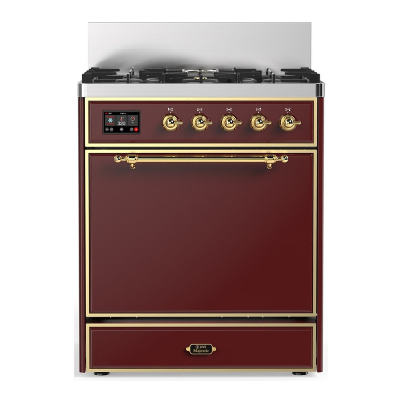 Majestic III Series 30 Inch Dual Fuel Range with 5 Sealed Burners in White (Liquid Propane, Burnished Trim), Burgundy, Brass