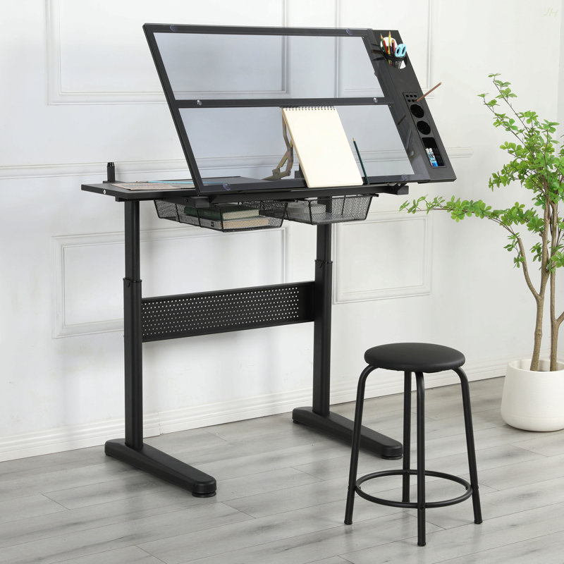 Hand Crank Adjustable Drafting Table Drawing Desk With 2 Metal Drawers (BLACK)WITH STOOL, Black