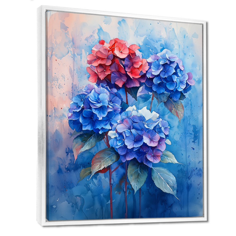 Hortensia bleu et rouge dans un style graffiti Hydrangea II - hydrangea, art mural encadré, H 32 po x l 24 po, Blanc