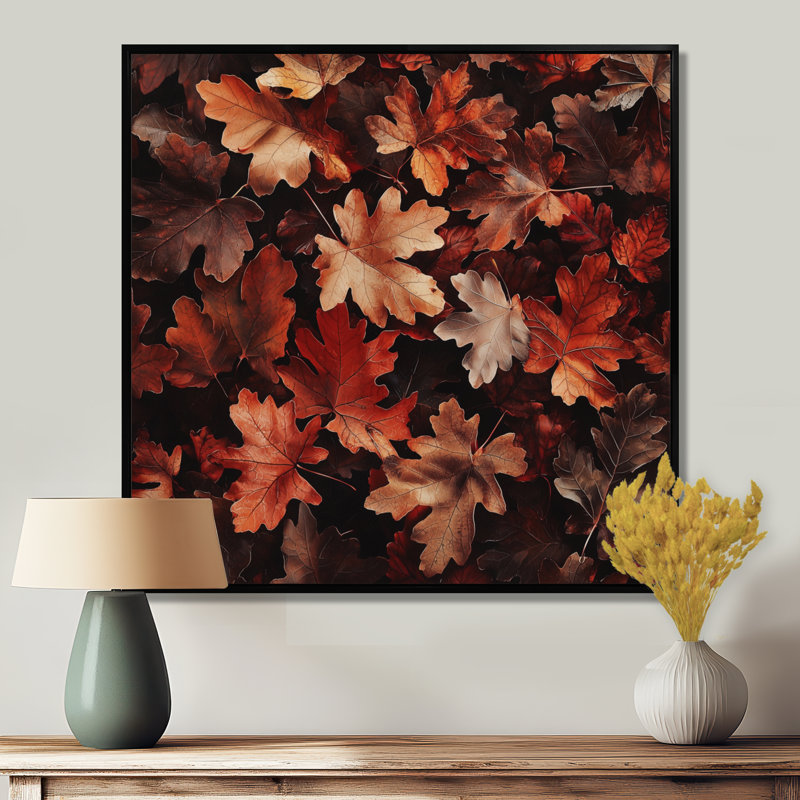 Red Falling Oak Leaves II - feuilles, reproduction sur toile, Impression encadrée flottante, Noir, noir, noir, noir