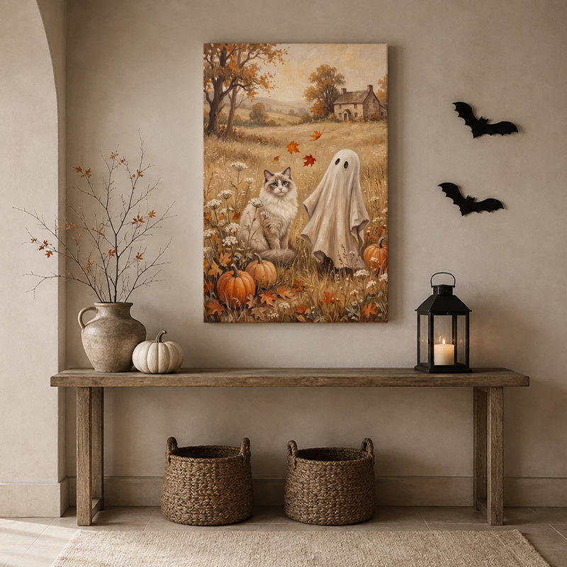 «Fluffy Cat and Ghost in Autumn Pumpkin Patch», art mural sur toile, H 24 po x l 16 po