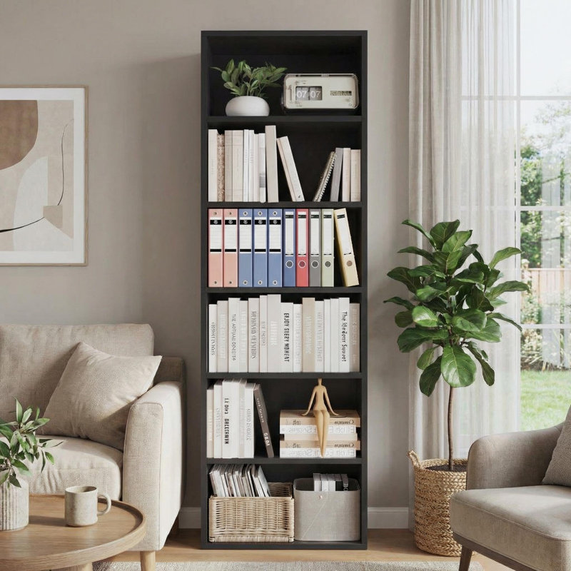 71.4" Tall 6-Tier Wood Bookcase, Slim Industrial Bookshelf with Anti-Tip Design, Black