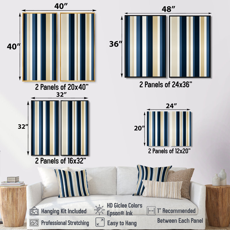 Élégant motif classique rayé sur toile beige et bleu classique, 2 pièces, Noir, H 36 po x l 48 po