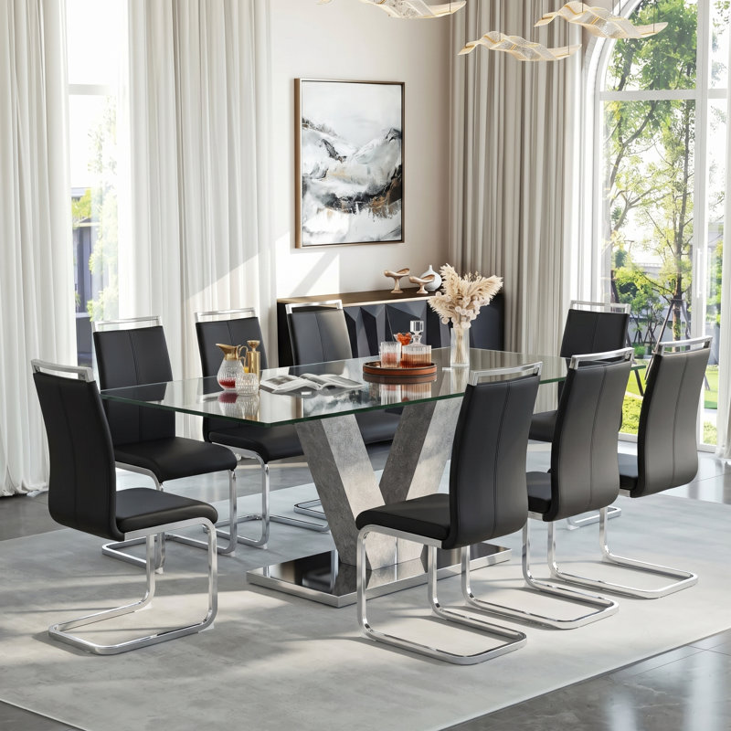 9-Piece Modern 71" Rectangular Tempered Glass Pedestal Dining Set with Faux Leather Cantilever Chairs, Black/Chrome