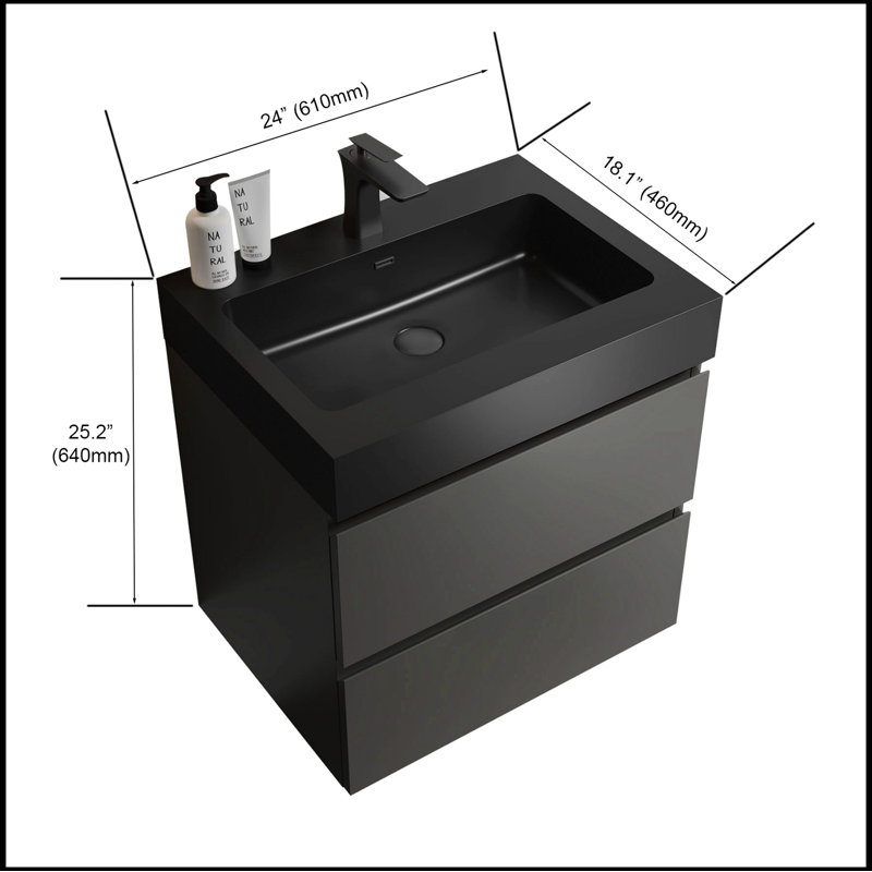 Ensemble de meuble-lavabo mural simple 24 po avec plateau en céramique Vins, Gris, Noir