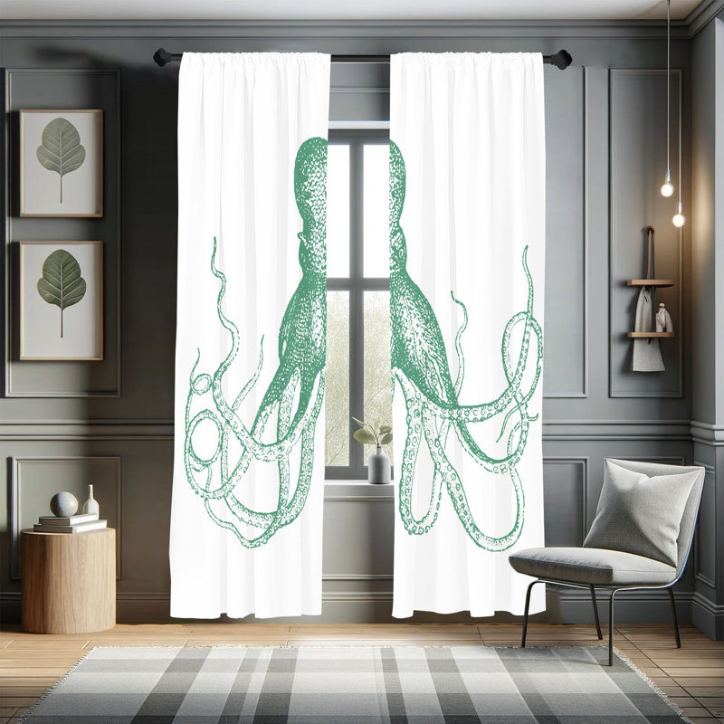 Ebern Designs Octopus Curtains, Marine Animal Tentacles Art, Pair of 28", Sea Green, 28" W x 95" L