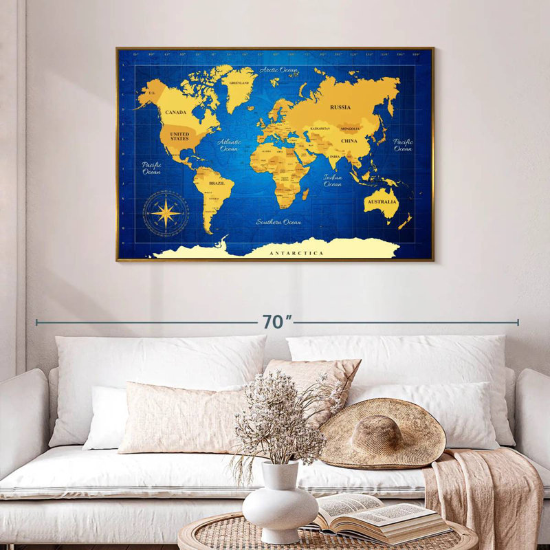 Carte du monde jaune, 46 po x 31 po, Cadre flottant doré