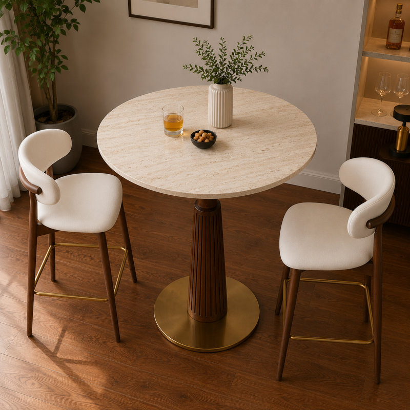 Table bistro 33,5 po à hauteur de comptoir ronde (table de salle à manger) avec plateau en pierre frittée, disponible dans une variété de couleurs, base en bois d'hévéa massif et fond en métal doré, table de bistro moderne