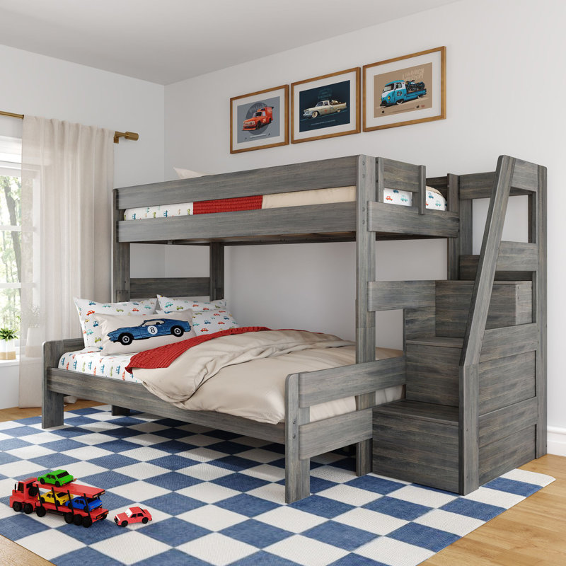 Modern Farmhouse Bunk Bed With Staircase, Driftwood, Twin XL Over Queen