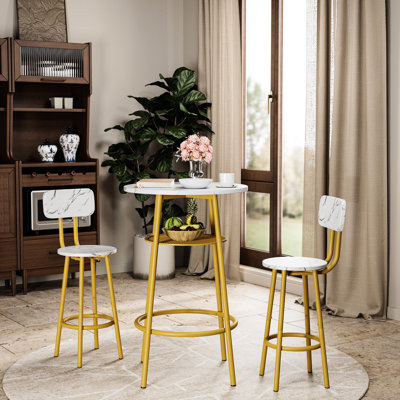3 - Piece Dining Table And Chairs , Solid Construction, Waterproof Chairs, Easy To Clean For Home, Apartment, Kitchen Brown Pcs With 2 Stools, Wood Grain Black Coated Frame, Counter Height Table,
