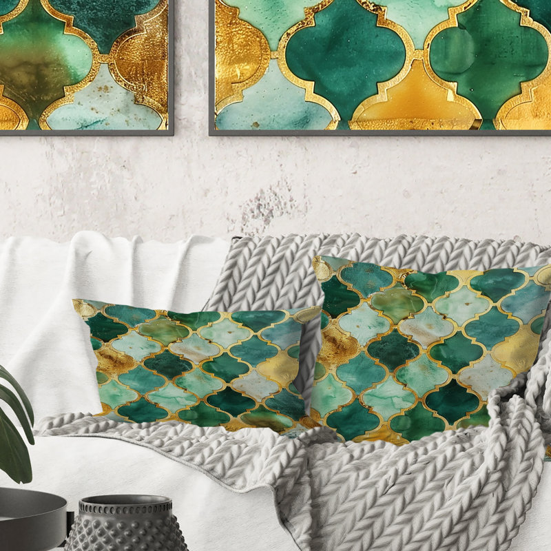 Coussin décoratif à carreaux vert or et mosaïque dorée V, H 16 po x l 16 po