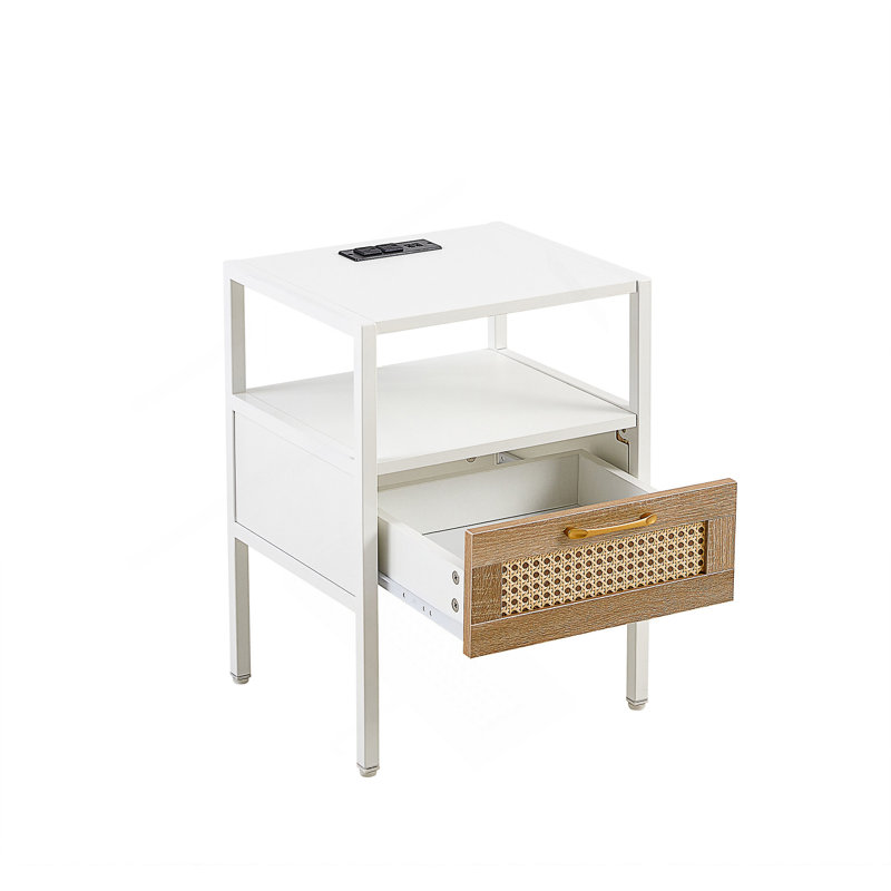 Table de bout en rotin avec prise de courant et ports USB, Naturel / Blanc, Individuel