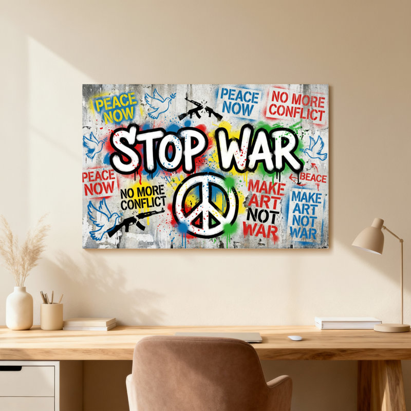 Stop War Peace Now Make Art Not War, H 16 po x l 24 po, Grain de bois clair, Cadre photo unique