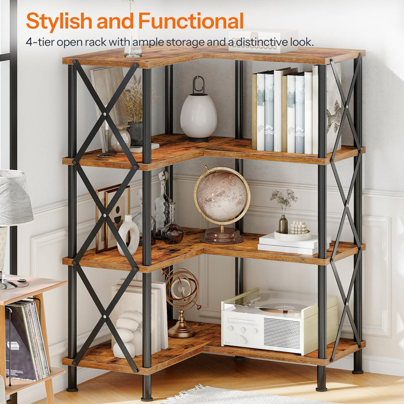 4-Tier L-Shaped Bookcase, Rustic Brown