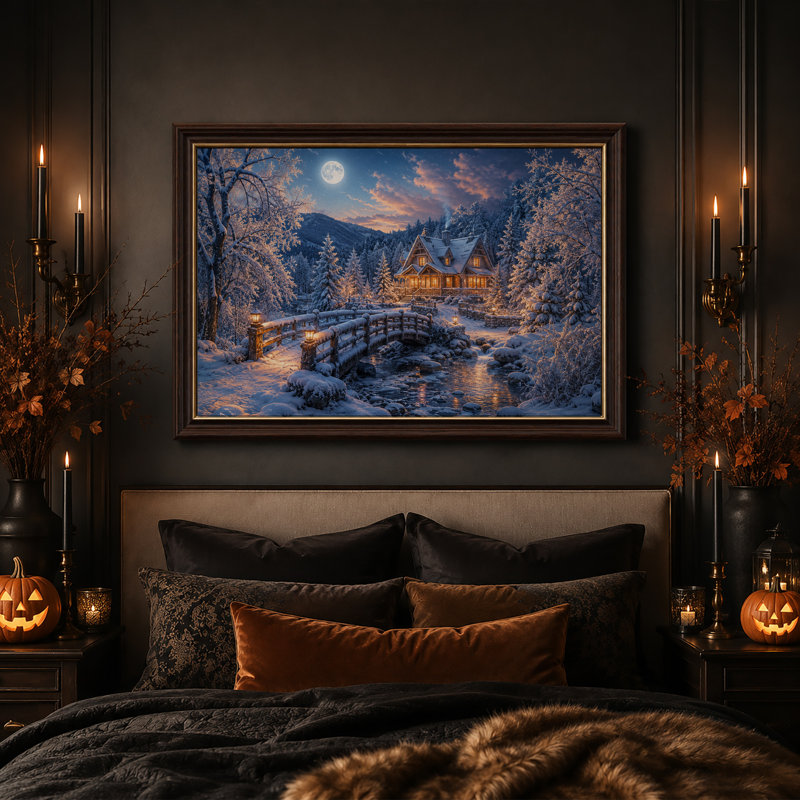 Cabane d'hiver avec fenêtres illuminées et pont en bois - Toile murale d'Halloween, H 12 po x l 18 po