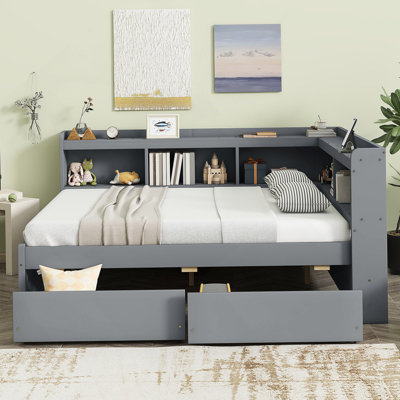 Full-Sized Bed With Integrated L-Shaped Bookcases, Power Outlets, USB Charging Ports, And Two Drawers For Enhanced Comfort And Storage