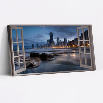 «Chicago Cityscape Through Window», ensemble de 1 reproduction d'art sur toile tendue sur toile