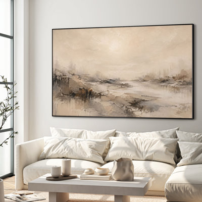 Très grand art mural imprimé sur toile - Décor de chambre à coucher minimaliste beige Misty Horizon