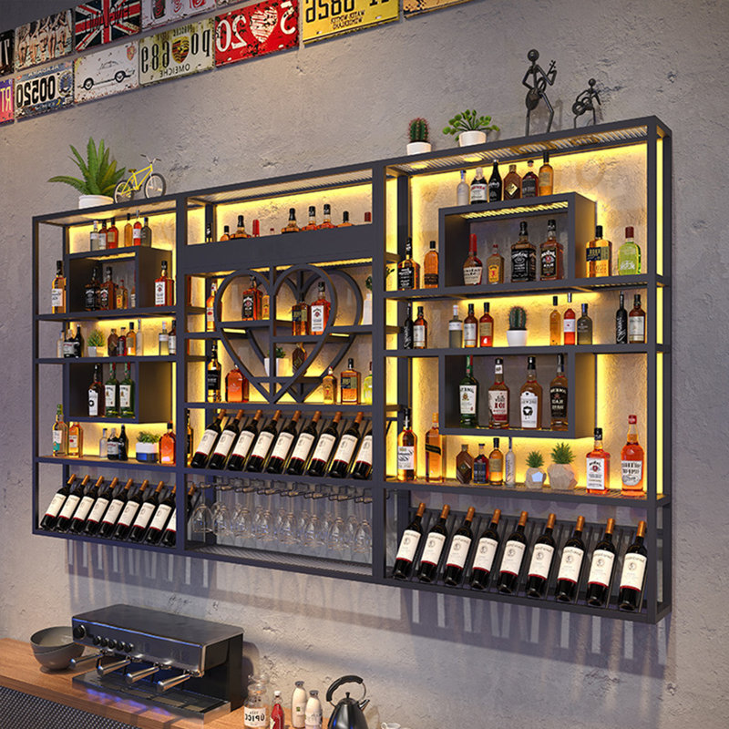 Wall Mounted Shelf Industrial Style Bar Iron Display Shelf (LED Lights Not Included), 59" H x 110.2" W x 7.8" D, Black