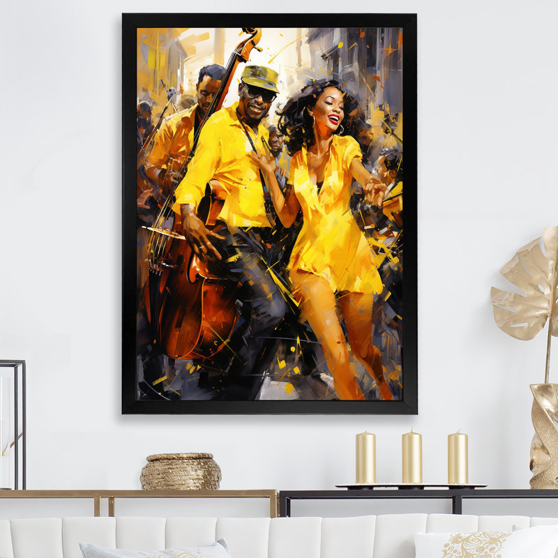 Yellow Jazz Dance Fusion - Art mural de danse, Cadre simple noir, H 44 po x l 34 po x P 1,5 po