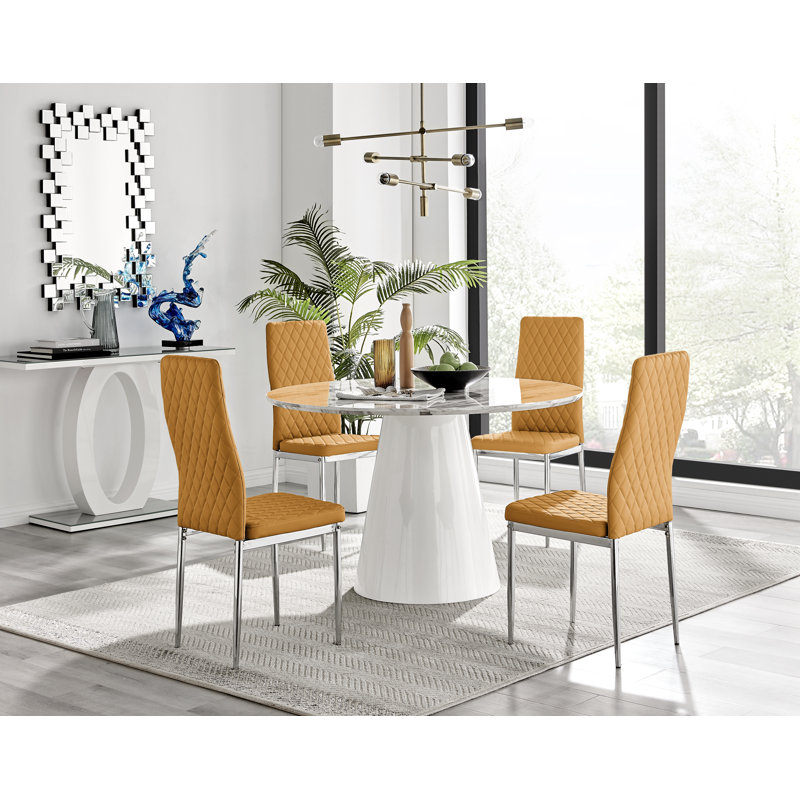 Ensemble de table de salle à manger Edward, Effet marbré / blanc, Moutarde / Argent